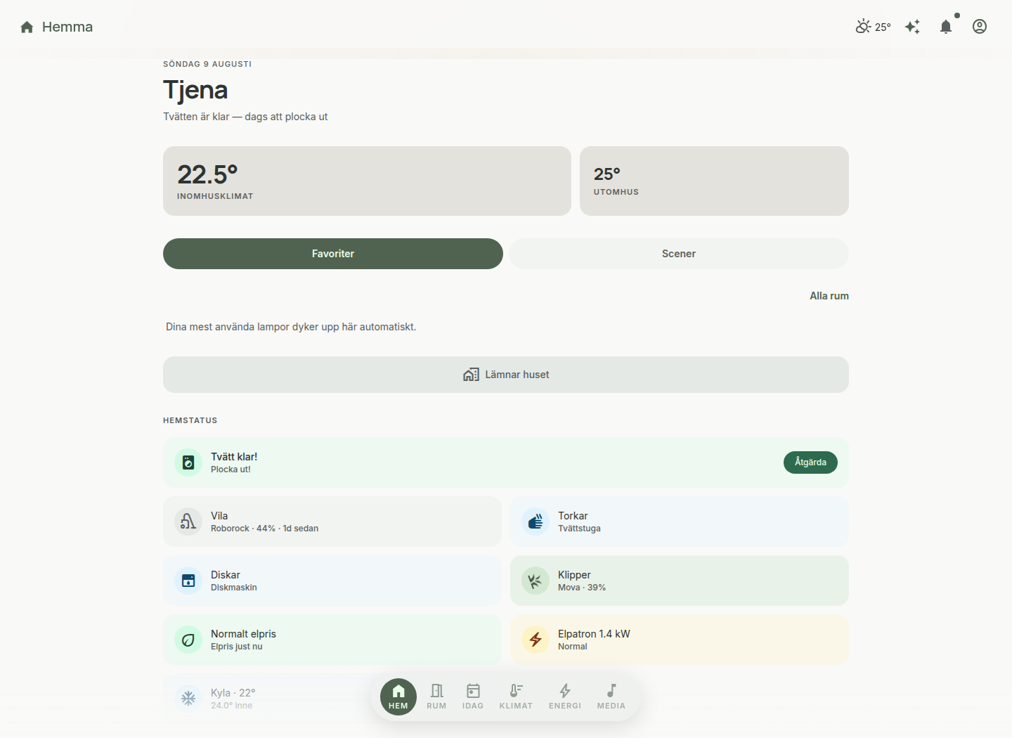 Magnus smarta hem-dashboard med klimat, tvättstatus, robotdammsugare, diskmaskin och energiläge