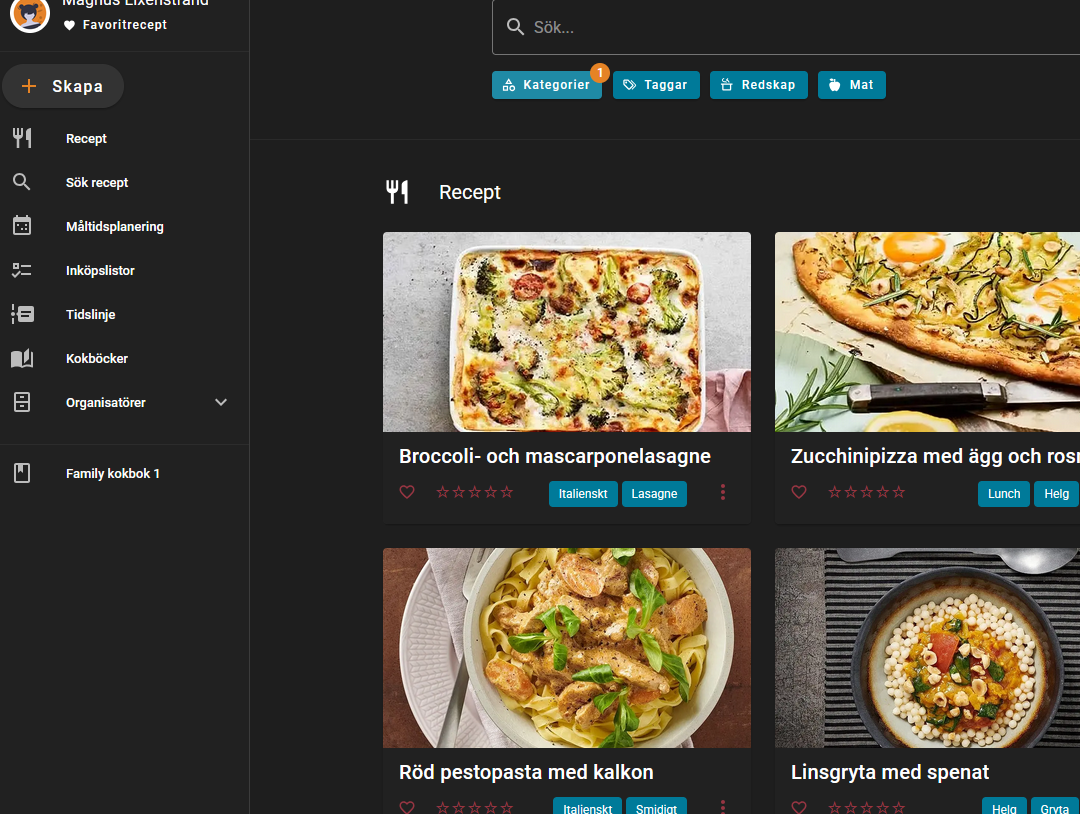 Mealie recepthantering och måltidsplanering